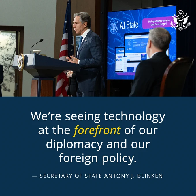 Secretary Blinken delivers remarks during an “Artificial Intelligence Fireside Chat” at the Department of State with graphic text: We're seeing across the board, technology at the forefront of our diplomacy and our foreign policy. — Secretary of State Antony J. Blinken