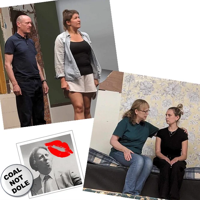 Two photos of the cast of We Love You Arthur on the partly finished stage set.
