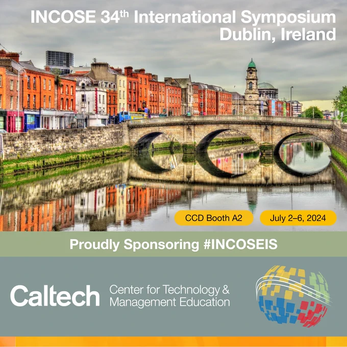 Colorful image of Dublin, Ireland, along the riverfront. Graphics for INCOSE's 34th Annual Int'l Symposium for systems engineering event and Caltech's sponsorship July 2–6, 2024. 
