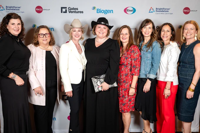 From left: Jaime Torrington (Biogen), BrightFocus Foundation President and CEO Stacy Pagos Haller, BrightFocus Senior Vice President of Strategic Partnerships Nancy Lynn, Trisha Devlin (Lilly), Teresa Cronin (Eisai), Melody Libby (Biogen), Bonnie Wattles (Hilarity for Charity), Brooks Kenny. 