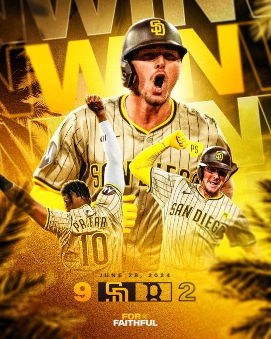 Win graphic for tonight's game in Boston. The background of the graphic is gold and has palm trees along the edges. Gold text in the background of the graphic reads "WIN". In front of the text, there are two photo cutouts: the larger photo shows Jackson Merrill yelling as he celebrates a home run. Below that, there is a smaller photo of Jurickson Profar and Jackson Merrill jumping up to celebrate a home run. Below the photos, is today's date and final score: June 28, 2024 | Padres 9, Red Sox 2. Below the final score, there is a gold and white "For The Faithful" logo.