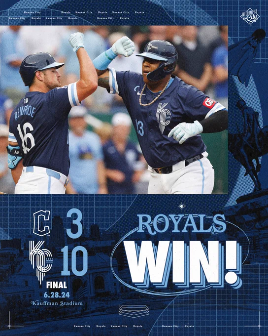 Final:
Royals 10
Guardians 3

Pictured:
Hunter Renfroe and Salvador Perez bash arms in celebration of Perez's home run. (Photo by Colin E. Braley/AP Photo)