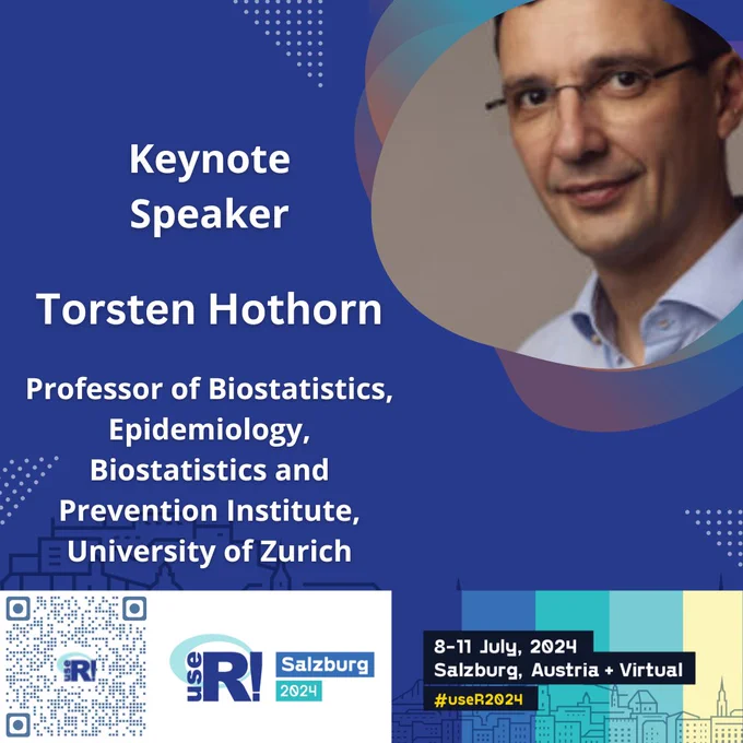 Promotional graphic for useR! 2024 featuring a headshot of keynote speaker Torsten Hothorn. 