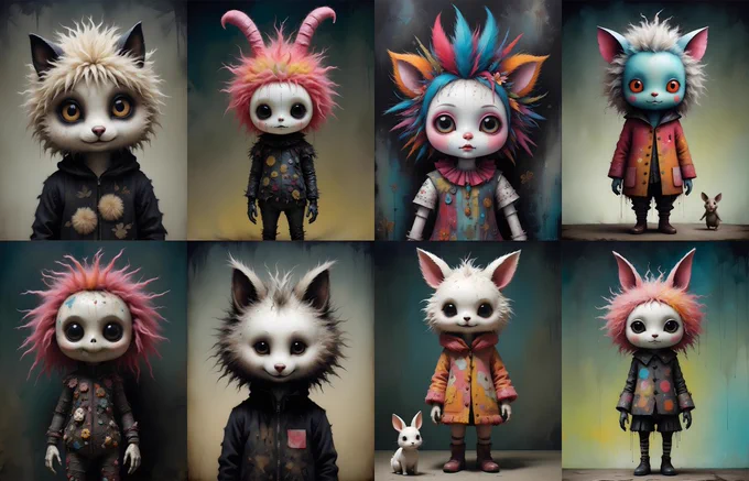 PROMPT:   Imagine a whimsical mixed media painting that depicts a unique humanoid figure. This character has a playful and quirky demeanor, with bold and distinctive features reminiscent of a fluffy, adorable chibi animal. The artwork is created in the style of Nicola Samori, characterized by textured brushwork, vibrant colors, and attention to detail. The overall mood is lighthearted and whimsical, creating a visually compelling image. The color scheme may include a combination of vibrant and muted tones, adding depth and visual interest to the artwork.