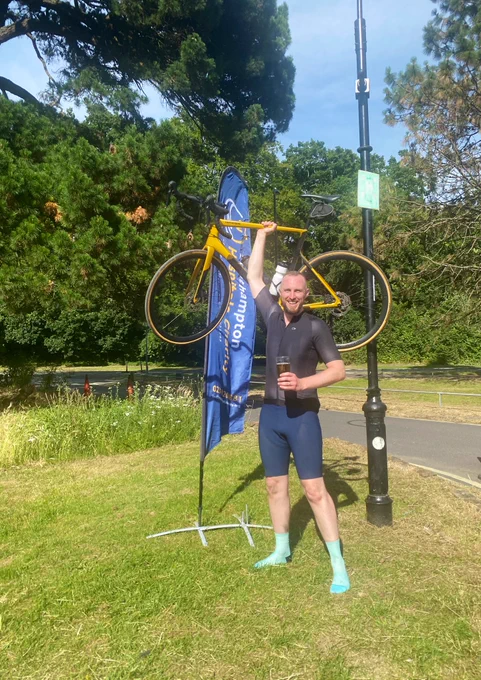 Paddy at the finish line of the Evelina to Southampton cycle