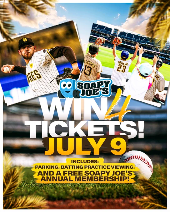 Graphic promoting a Soapy Joe's Sweepstakes. The background of the graphic features a photo of Petco Park. The border of the graphic is white and has palm trees in each corner. In the center of the graphic, there are two photos: one of Joe Musgrove pitching and one of Padres fans enjoying batting practice from the outfield. Below the photos, there is a Soapy Joe's logo and text that reads "Win 4 Tickets! July 9. Includes: Parking, Batting Practice Viewing, And A Free Soapy Joe's Annual Membership!"