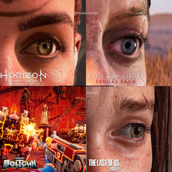 Meme comparing graphics in four pictures. Top left is Aloy's eye in Horizon Forbidden West, top right is Senua's eye in Hellblade 2: Senua's saga, bottom right is Ellie's eye from the Last of Us Part 1, and bottom left is Warhammer 40,000: Boltgun's first person view. The joke lies in the fact that Boltgun is in pixel art.