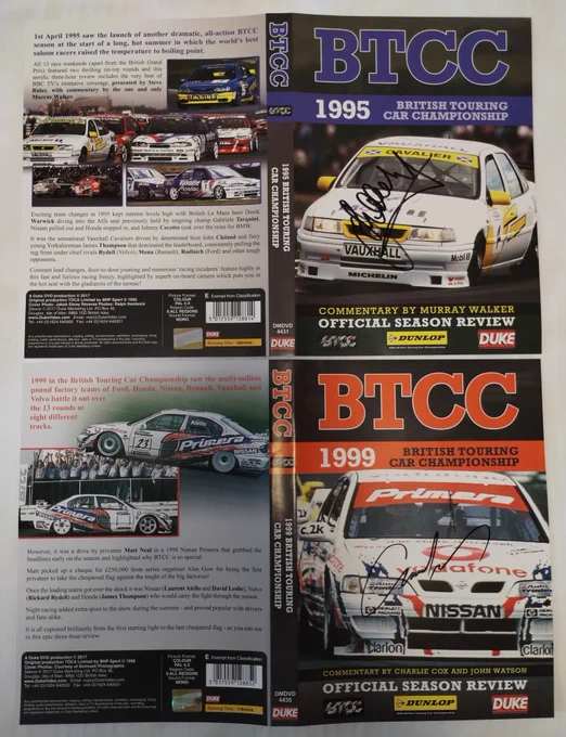 DVD covers for the 1995 and 1999 British Touring Car Championship season reviews. The 1995 cover is signed by John Cleland and the 1999 is signed by Laurent Aïello.