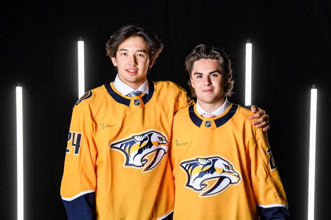 Photo of Hiroki Gojsic and Miguel Marques at the 2024 NHL Draft