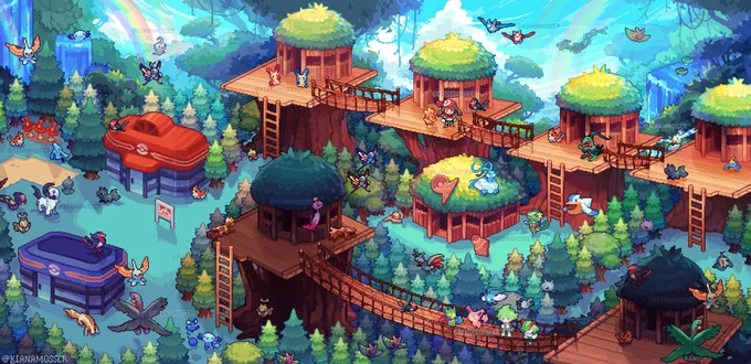 Isometric pixel art rendition of Fortree City from Pokémon
