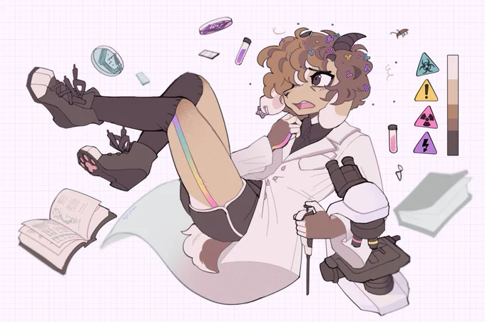An anthropomorphic goat falls in empty space, looking distraught and surrounded by lab-ware. His fur and curly hair are hot-chocolate shades of brown. A rainbow stripe appears to run along the side of his body.  He's wearing a lab-coat, dark shorts, and knee-high socks.
His right ear is pierced with a hoop shaped like a star, and his hair is littered with what appear to be sprinkles in the shape of antibodies.  

The neck of a light microscope is hooked over one of his forearms and, in that hand, he holds a micropipette. 

A few more details are scattered in the empty space; a white background decorated with a graph paper grid. Two books float, open and closed, on either side. Petri dishes with cultures, test tubes, microscope slides, and one (1) lone cockroach all seem to be falling, too. 