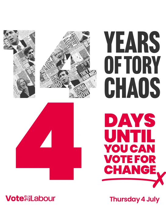 White background with number 14 in newspaper clippings and text "years of tory chaos" below is a red number 4 and text "days until you can vote for change". 