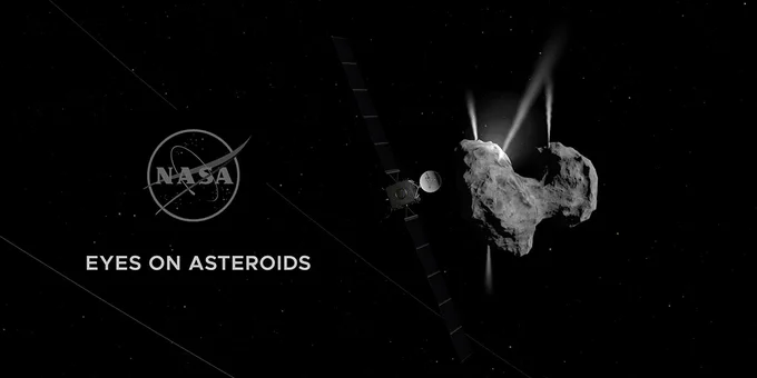A promotional graphic for NASA's "Eyes on Asteroids" interactive tool. On the right, a small satellite is depicted approaching a barbell-shaped asteroid. On the left, NASA's meatball insignia appears as a black-and-white graphic above the text "Eyes On Asteroids". Credit: NASA