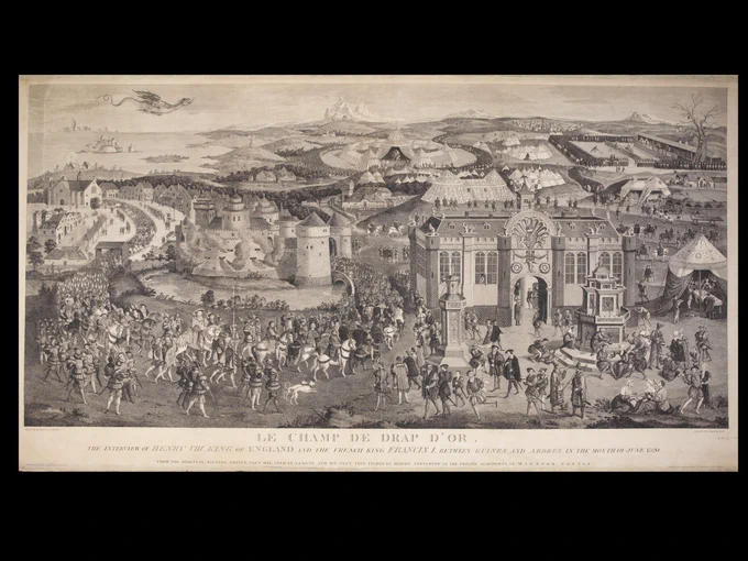 
'James Basire the Elder. 'Le Champ de Drap d'Or. The interview of Henry VIII, King of England, and the French King Francis I, between Guines and Ardres, in the month of June 1520'. Engraved from a drawing by E. Edwards from the original picture in Windsor Castle. Published Nov. 10, 1774', V&A, E.2264-1938.