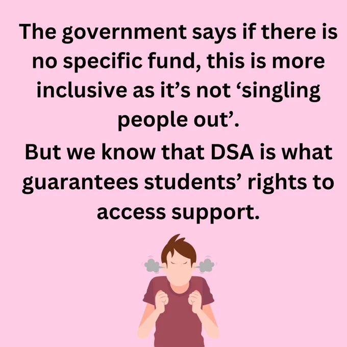 The government says if there is no specific fund, this is more inclusive as it's not 'singling people out'. But we know that DSA is what guarantees students' rights to access support.

Image below shows a person shaking their fists, with steam coming out of their ears because they are angry.
