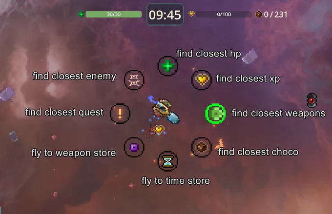 screenshot of my pixel art game. a small space ship is surrounded by 8 buttons which can be pressed to give the ship a command like "find closest enemy".