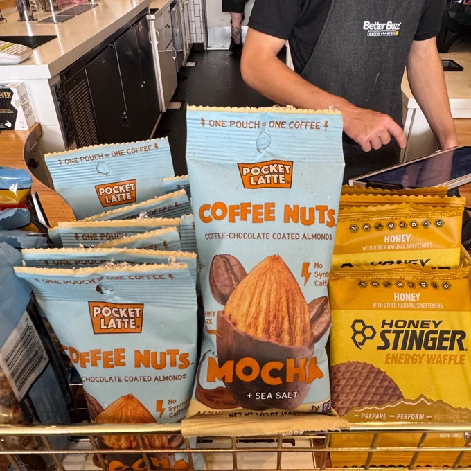 A package of “Coffee Nuts” in a basket of other snacks at the Better Buzz coffee shop.