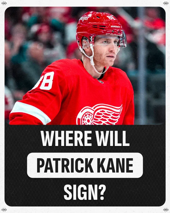 Top: A photo of Patrick Kane on ice.

Bottom: In white and black text on a black and white background reading, "Where will Patrick Kane sign?"