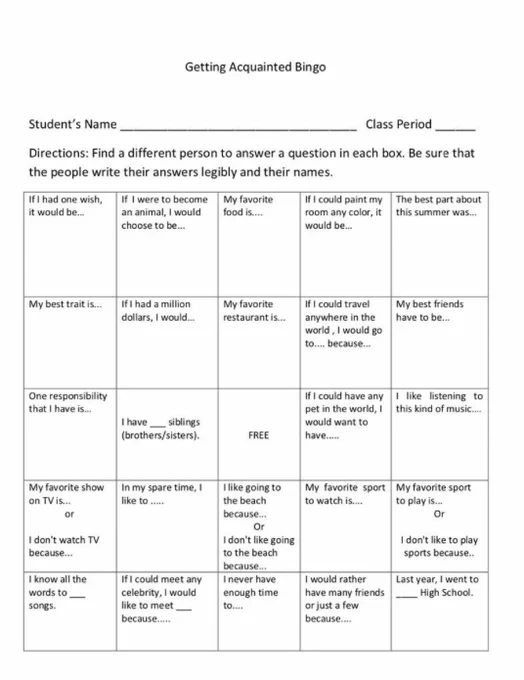 The instructions to this bingo card ask students to get answers from others to the questions contained in the boxes ("I never have enough time to ... , " "I know all the words to __ songs," etc.)
