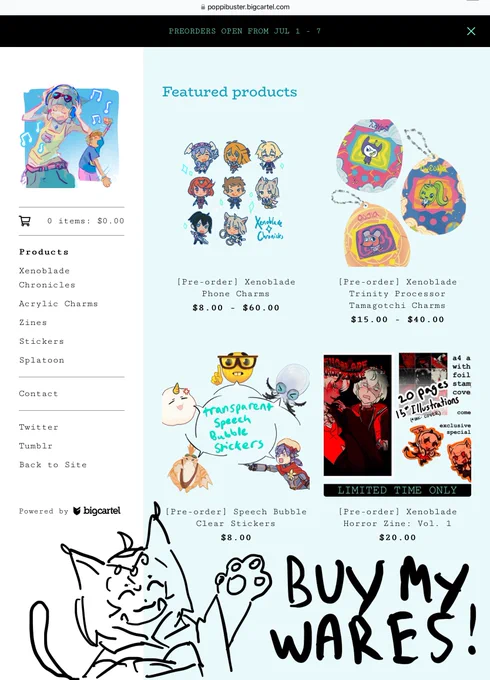 screenshot of https://poppibuster.bigcartel.com storefront with a doodle of queen nia at the bottom and 'BUY MY WARES' in all caps.
