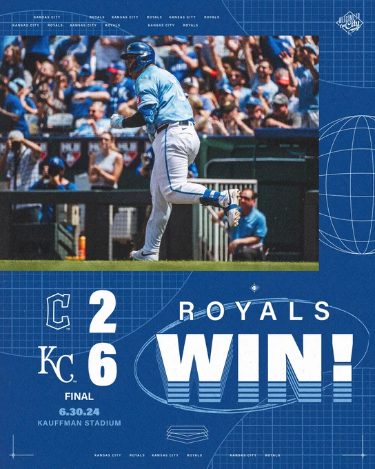 Final:
Cleveland 2
Royals 6

Pictured: Salvador Perez runs down first base yelling in excitement after hitting a two-run homer. (Photo by Amy Kontras/Kansas City Royals)