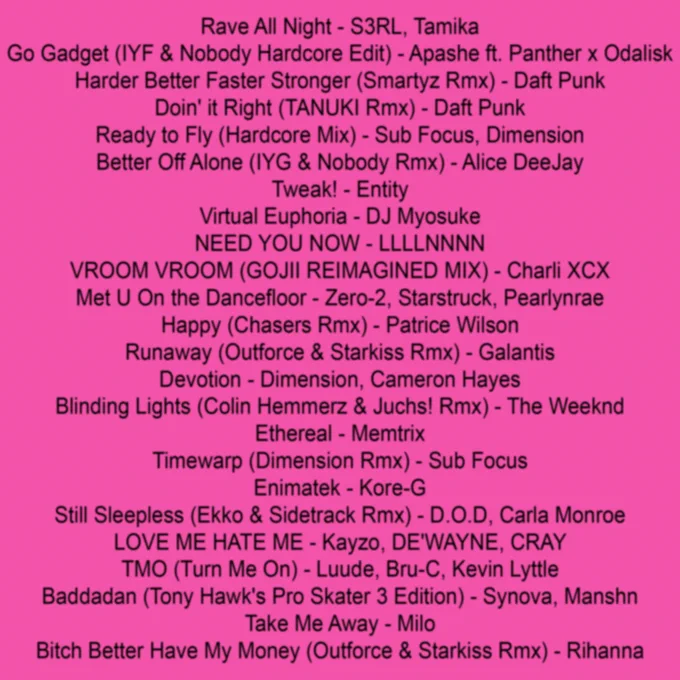 Rave All Night - S3RL, Tamika
Go Gadget (IYF & Nobody Hardcore Edit) - Apashe ft. Panther x Odalisk
Harder Better Faster Stronger (Smartyz Rmx) - Daft Punk
Doin' it Right (TANUKI Rmx) - Daft Punk
Ready to Fly (Hardcore Mix) - Sub Focus, Dimension
Better Off Alone (IYG & Nobody Rmx) - Alice DeeJay
Tweak! - Entity
Virtual Euphoria - DJ Myosuke
NEED YOU NOW - LLLLNNNN
VROOM VROOM (GOJII REIMAGINED MIX) - Charli XCX
Met U On the Dancefloor - Zero-2, Starstruck, Pearlynrae
Happy (Chasers Rmx) - Patrice Wilson
Runaway (Outforce & Starkiss Rmx) - Galantis
Devotion - Dimension, Cameron Hayes
Blinding Lights (Colin Hemmerz & Juchs! Rmx) - The Weeknd
Ethereal - Memtrix
Timewarp (Dimension Rmx) - Sub Focus
Enimatek - Kore-G
Still Sleepless (Ekko & Sidetrack Rmx) - D.O.D, Carla Monroe
LOVE ME HATE ME - Kayzo, DE'WAYNE, CRAY
TMO (Turn Me On) - Luude, Bru-C, Kevin Lyttle
Baddadan (Tony Hawk's Pro Skater 3 Edition) - Synova, Manshn
Take Me Away - Milo
Bitch Better Have My Money (Outforce & Starkiss R
