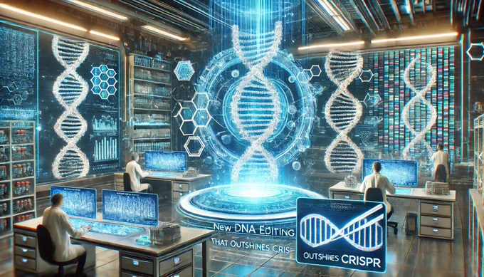 A futuristic and detailed scene illustrating a new DNA editing method that outshines CRISPR. The image features a high-tech laboratory environment with advanced DNA sequencing and editing equipment. Scientists are working with holographic displays showing DNA structures being precisely edited. The atmosphere is innovative and cutting-edge, highlighting the advancements in genetic engineering and biotechnology.