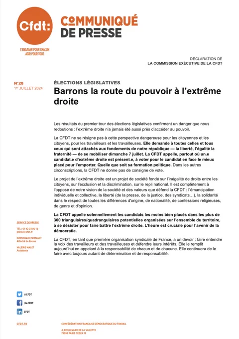 Communiqué de presse de la CFDT publié le 1er juillet 2024 - Elections Législatives - Barrons la route du pouvoir à l'extrême droite 
