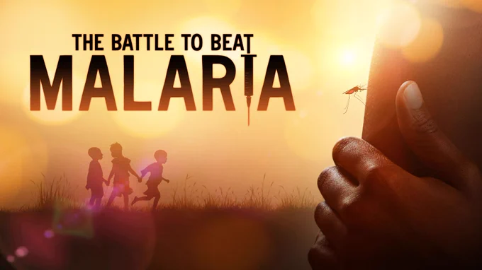 composite image showing the shadows of three children. a close up of an arm with a mosquito on it. The Battle to Beat Malaria in text. the I in malaria is a needle pointing down