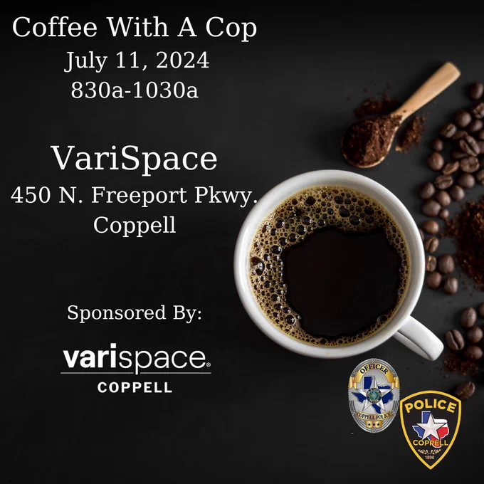 A photo of a coffee cup with text that contains information about Coffee with a Cop in Coppell, Texas.