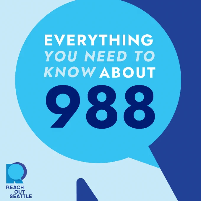 Text reads: "Everything you need to know about 988" in a blue speech bubble, logo in the bottom left reading "Reach Out Seattle," overall blue and white color scheme.