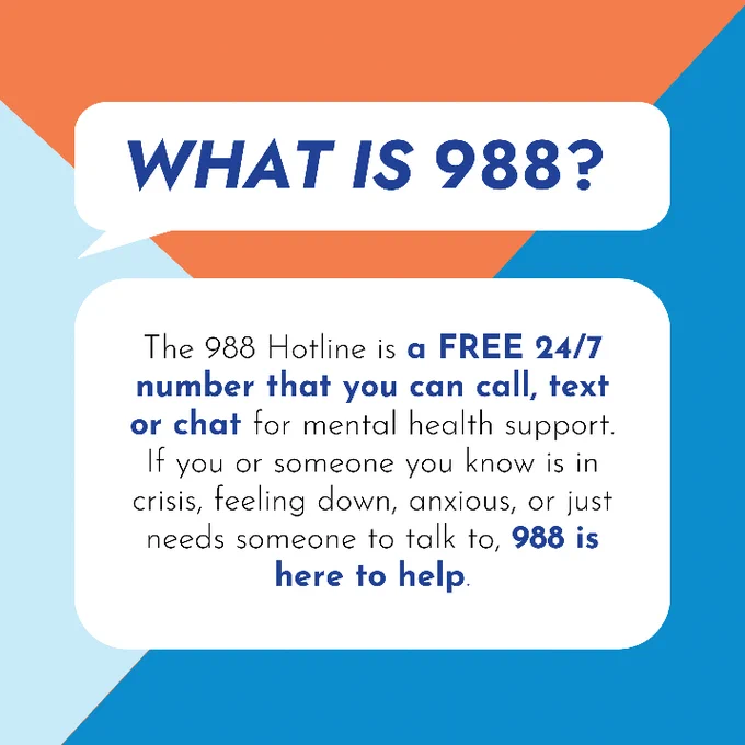 A blue and orange geometric background with text promoting the 988 hotline. Text reads: “The 988 Hotline is a FREE 24/7 number that you can call, text or chat for mental health support. If you or someone you know is in crisis, feeling down, anxious, or just needs someone to talk to, 988 is here to help.”