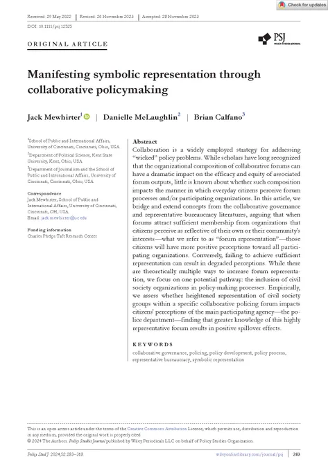 This is a screenshot of the article's abstract. The title of the article is "Manifesting symbolic representation through collaborative policymaking."