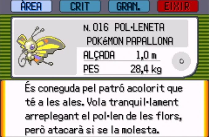 Entrada de la Pokedex de Pokémon Maragda de Pol·leneta (Beautifly), el Pokémon Papallona. És coneguda pel patró acolorit que té a les ales. Vola tranquil·lament arreplegant el pol·len de les flors, però atacarà si se la molesta.
