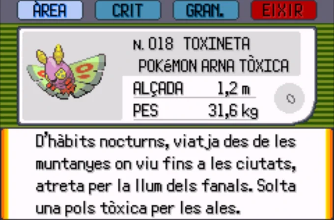 Entrada de la Pokedex de Pokémon Maragda de Toxineta (Dustox), el Pokémon Arna Tòxica. D'hàbits nocturns, viatja des de les muntanyes on viu fins a les ciutats, atreta per la llum dels fanals. Solta una pols tòxica per les ales.
