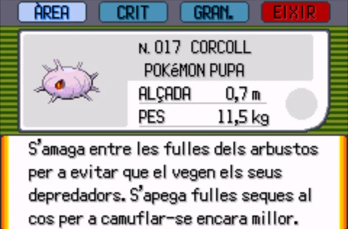 Entrada de la Pokedex de Pokémon Maragda de Corcoll (Cascoon), el Pokémon Pupa. S'amaga entre les fulles dels arbustos per a evitar que el vegen els seus depredadors. S'apega fulles seques al cos per a camuflar-se encara millor.