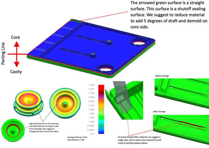 Diagrams of injection mold flow and draft from a moldability report. Exciting.