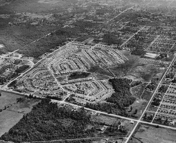 1948 Vancouver Fraserview veterans housing in a neighbourhood unit, surrounded by the pre-war street grid. LAC PA148474