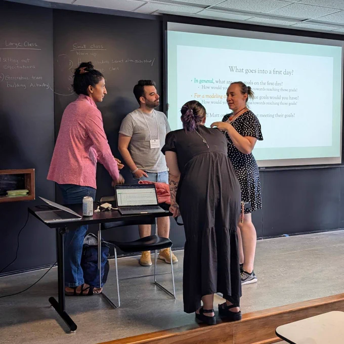 Five math educators standing in front of a blackboard and lowered projector screen discussing the first day of a math modeling workshop.