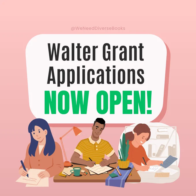 A pink promotional graphic with a big white bubble that says, "Walter Grant Applications Now Open!" in big bold letters. Beneath the text are three clipart illustrations of people writing at their desks. The first person has long black hair and is wearing a coral colored cardigan as they write on loose leaf paper by hand. The second person has dark brown skin, short black hair, and is wearing a gold-striped polo shirt as they sit at their desk, writing by hand. The last person has long brown hair tied back in a pony tail and is wearing a red sweatshirt with the sleeves rolled up to the elbow. They're sitting in front of their bookshelves and referencing several pieces of paper around them as they sit at their desk and write by hand.