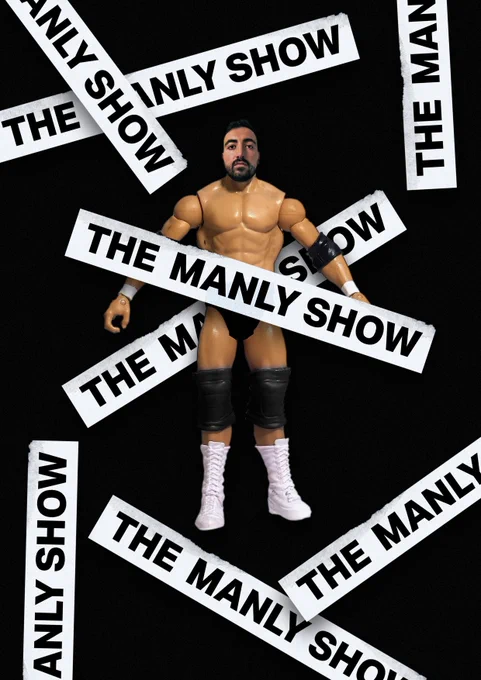 Poster for 'The Manly Show' with an action figure with a real face in the centre