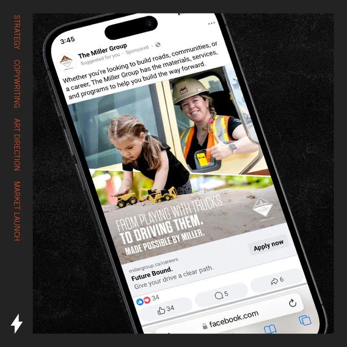 The same previous ad on a mobile screen as a Faceboook ad.

Two individuals at a construction site. On the left, a child plays with a toy truck in the dirt. On the right, a smiling adult in a hard hat and high-visibility vest is driving a truck. Text overlay: 'From playing with trucks to driving them. Made possible by Miller.'