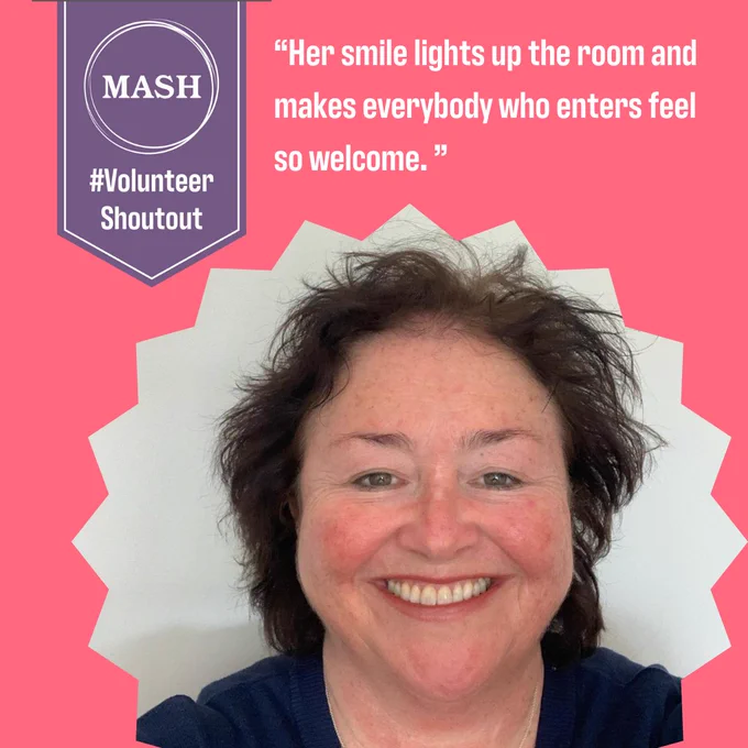 Volunteer with caption "Her smile lights up the room and makes everybody who enters feel so welcome." #VolunteerShoutOut banner in the top left