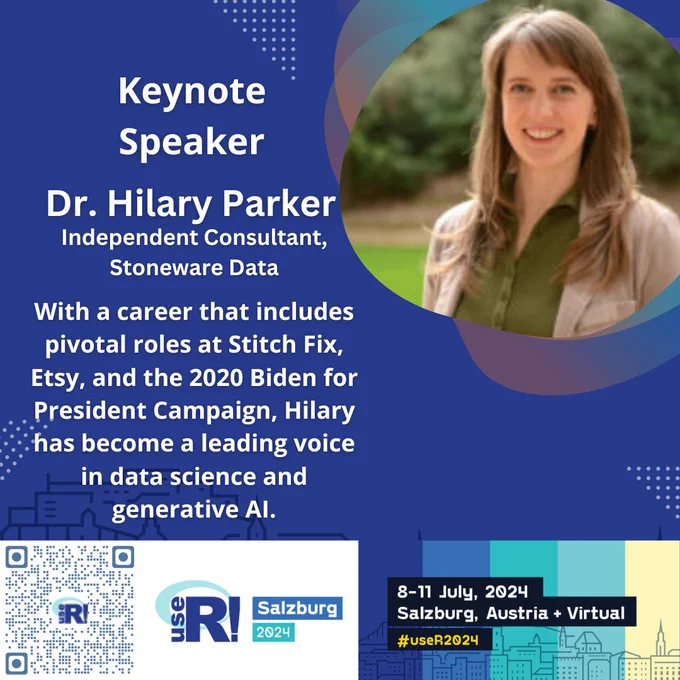 Promotional graphic for useR! 2024 featuring keynote speaker Dr. Hilary Parker.