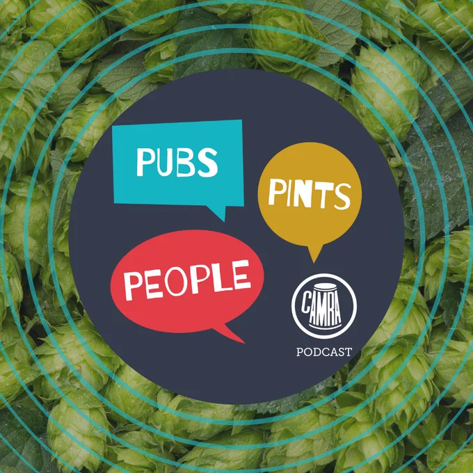 A picture of hops, with a Pubs, Pints, People podcast logo overlaid on top of it.