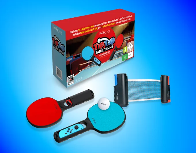 A box shot of Tip Top Table Tennis, showing the packaging, two paddle accessories with JoyCons inserted, a ping pong ball and a net.
