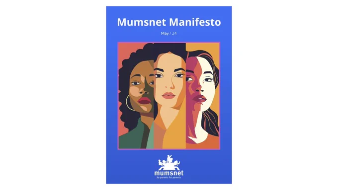 Illustration of the front cover of the Mumsnet Manifesto. Three women with the Mumsnet logo