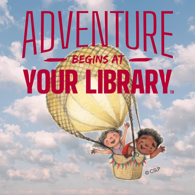 Illustration of  two kids in a hot air balloon. The text says Adventure Begins at Your Library. 