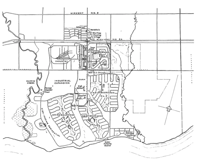1950 design for Ajax ON by CMHC planner Kent Barker, featuring 4 new neighbourhood units. Note the small wavy grid of the original Wartime Housing subdivision at the top.