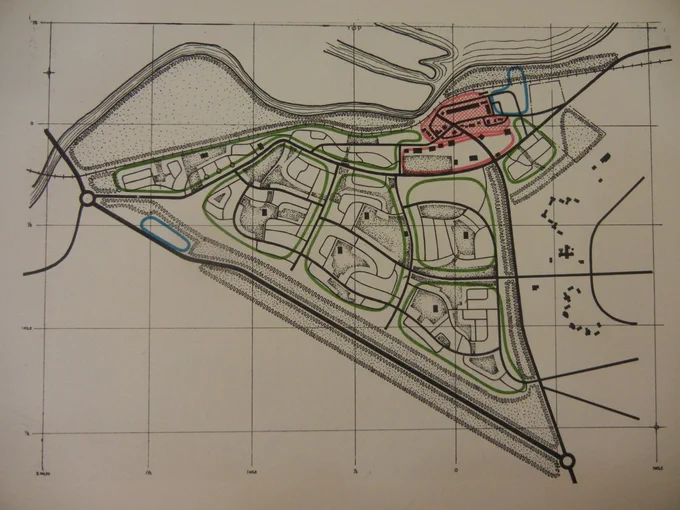 1956 new town design for Oromocto NB by CMHC planner Sam Gitterman and McGill Professor Harold Spence-Sales, featuring 6 neighbourhood units (green) and a town centre (red).
